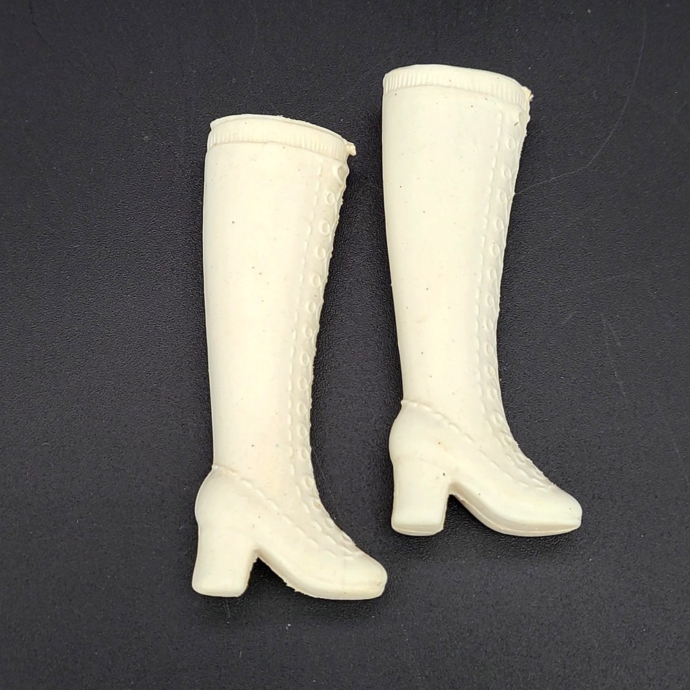 Vintage 1970s Barbie White Knee High Go-Go Boots Hard Plastic Doll Shoes